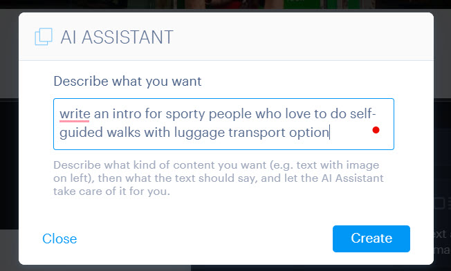 AI assistant section input example for a travel agency website created with Webnode. 
