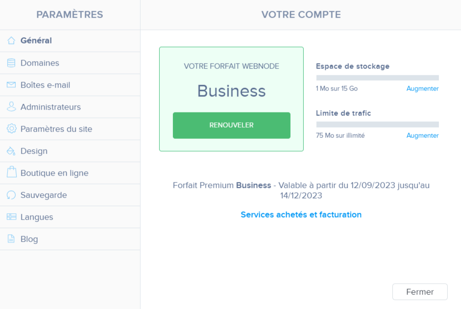 Bande passante et stockage dans l'éditeur Webnode