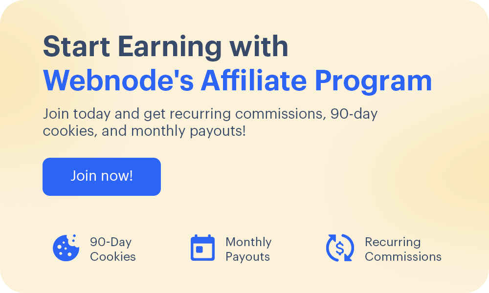 Webnode Affiliate Program banner with recurring commissions and 90-day cookies