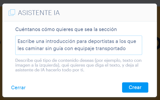 Ejemplo de entrada en la sección del asistente IA para una web de agencia de viajes creada con Webnode