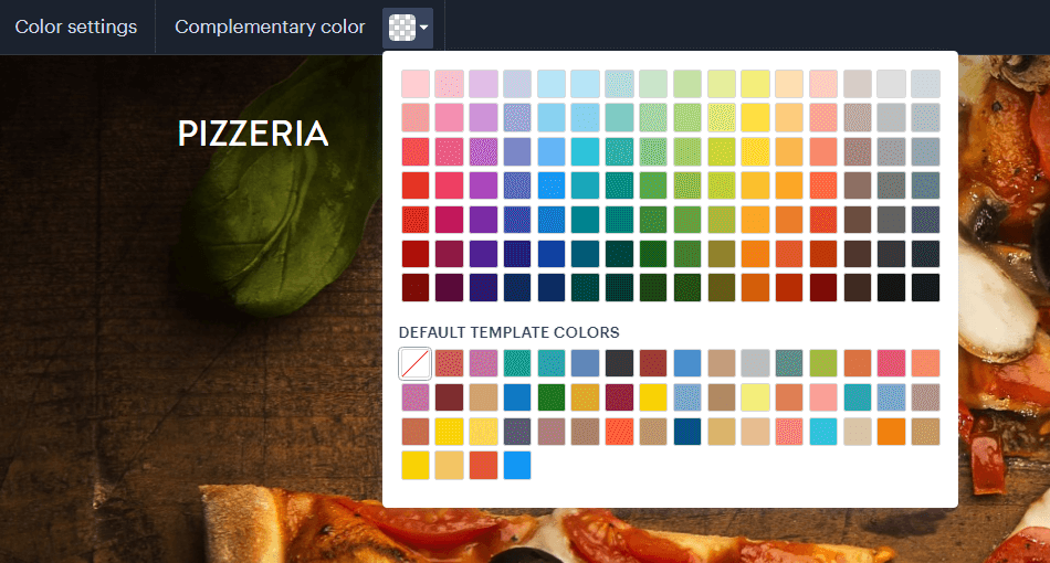 Webnode site editor showing the color settings menu with theme customization options