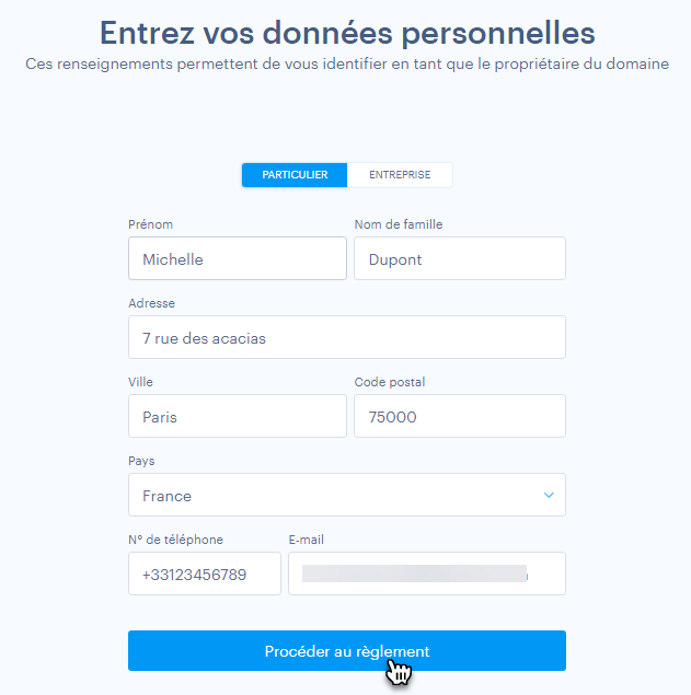 Informations personnelles d'enregistrement de domaine