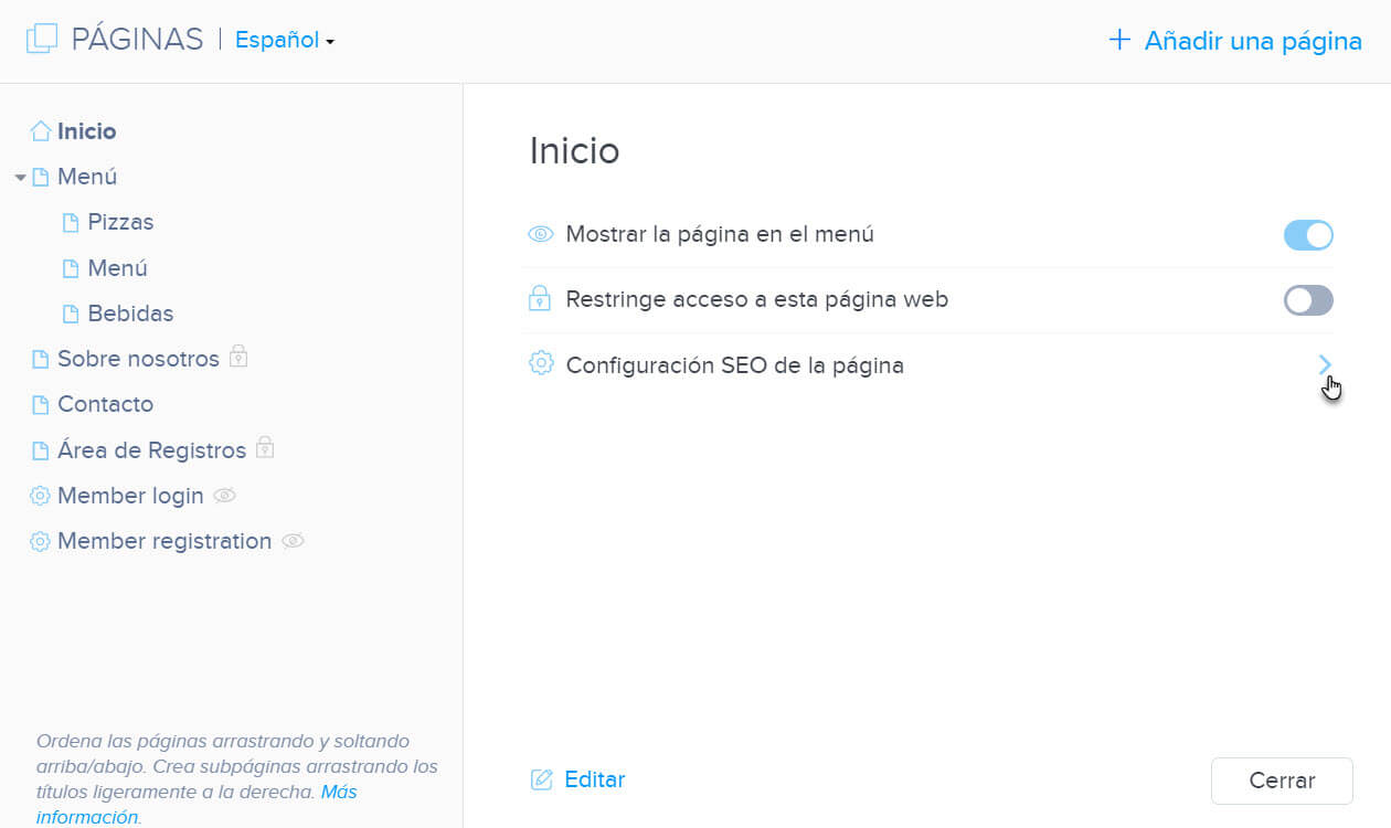 Configuración SEO de la página