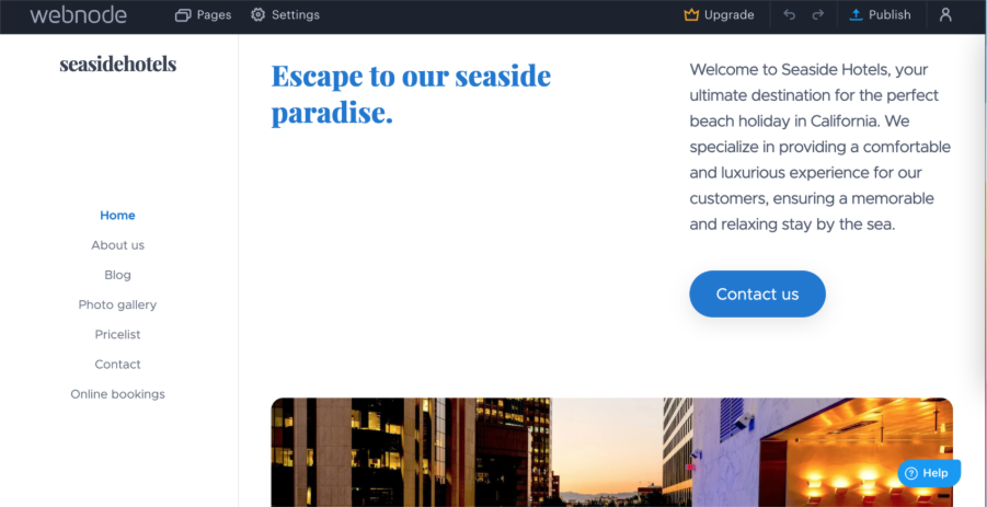 This image shows an example hotel website can be made if you learn how to create a hotel website.
