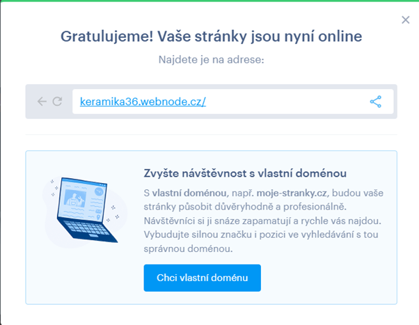 Příklad zobrazení projektové subdomény po publikaci bezplatné webové stránky