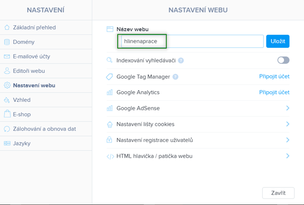 Název webu v editoru Webnode 