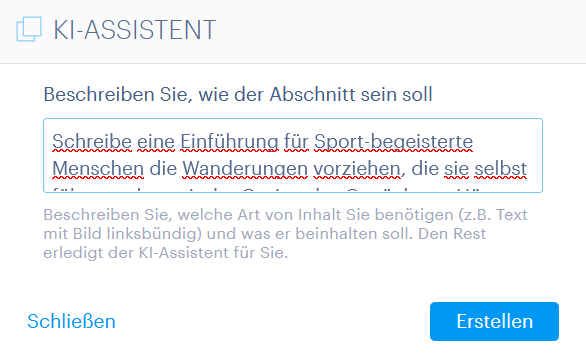 Eingabe eines Abschnitts einer mit Webnode erstellten Reisebüro-Website durch den KI-Assistenten.  