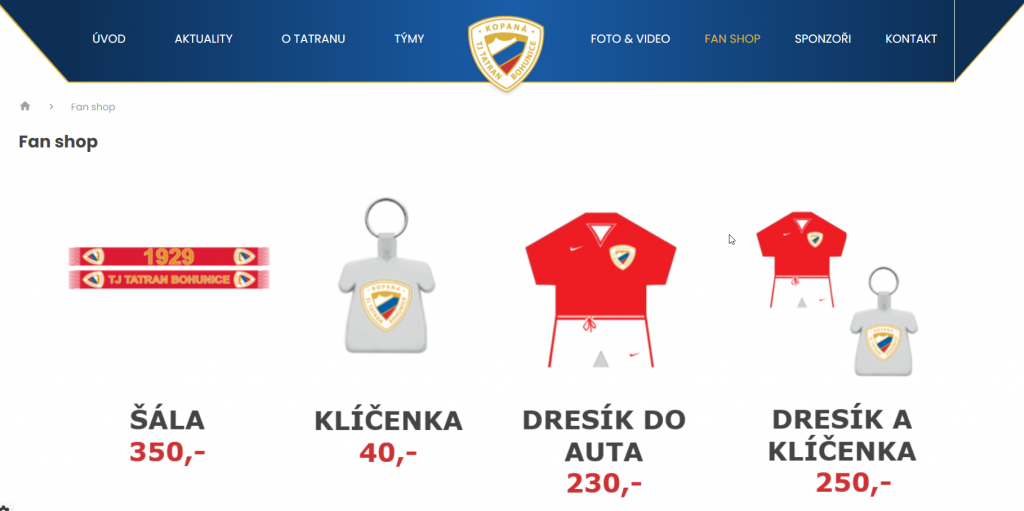 Exemple de commerce électronique de produits dérivés pour les supporters (créé avec Webnode)