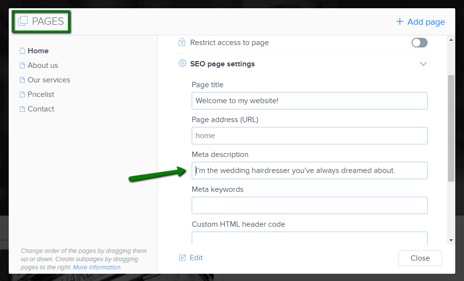 SEO (meta) description dans Webnode website builder