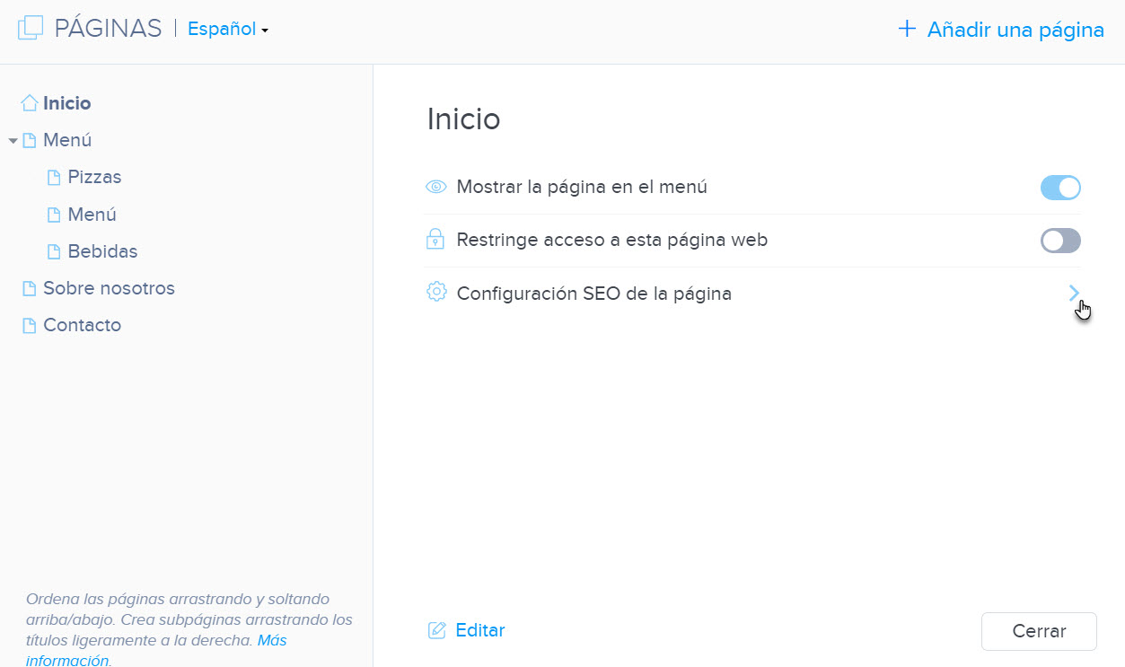 Configuración SEO de la página
