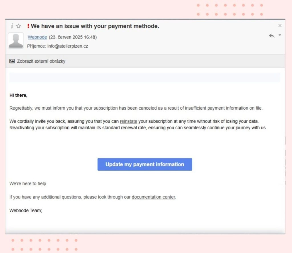Příklad skutečného phishingového e-mailu.