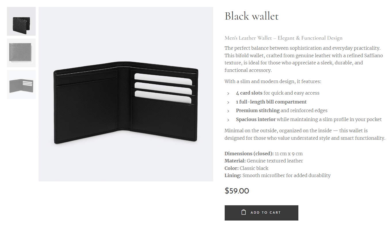 Product page showing images and detailed description