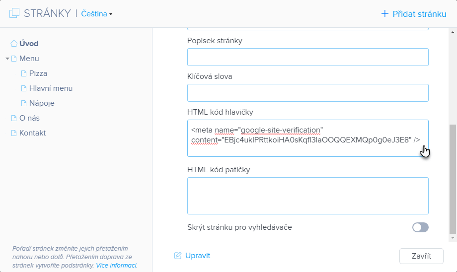 Propojení webu s Google Search Console v editoru Webnode – dostupné od balíčku Standard.