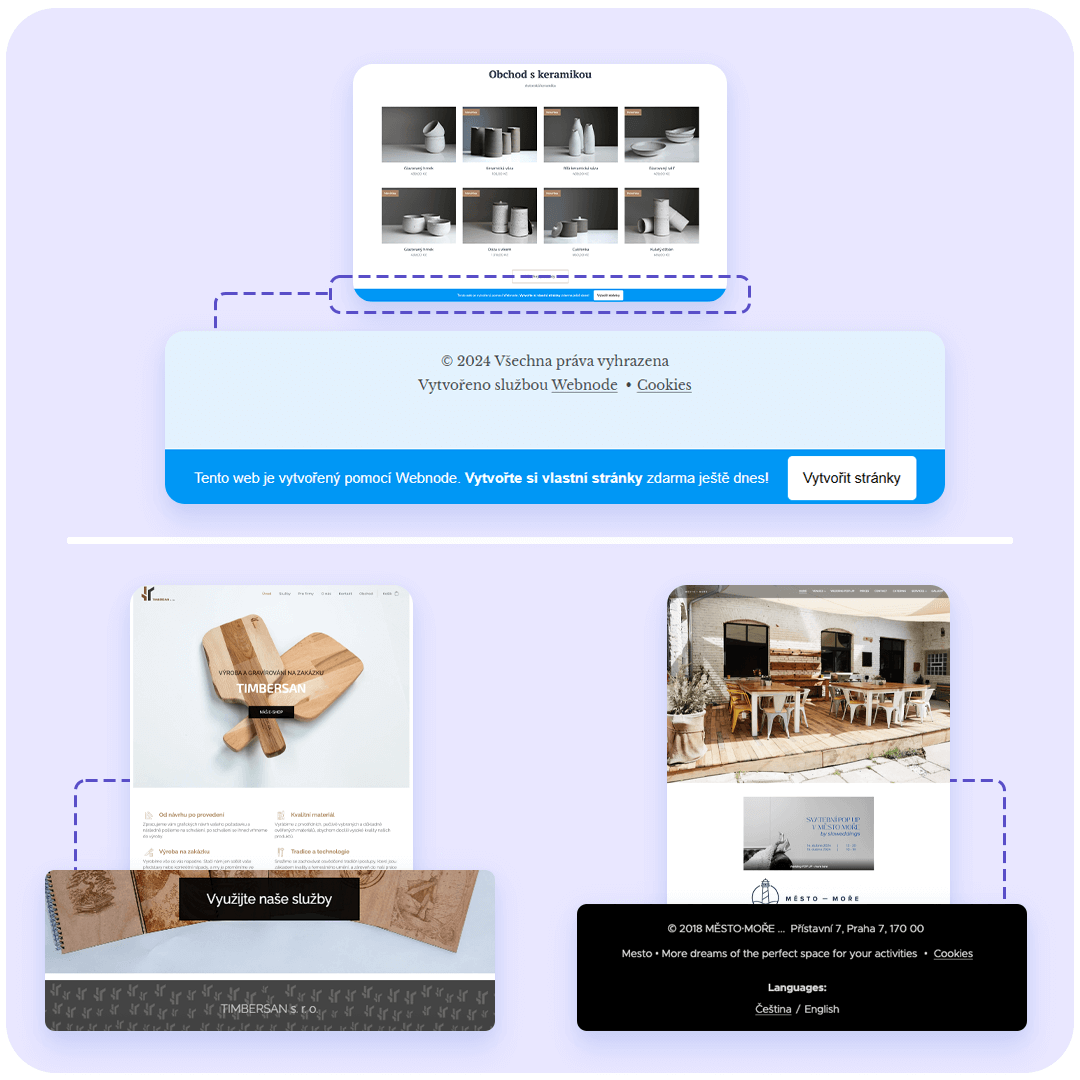 Porovnání webu s bannerem Webnode a webů bez reklamy s vlastní patičkou