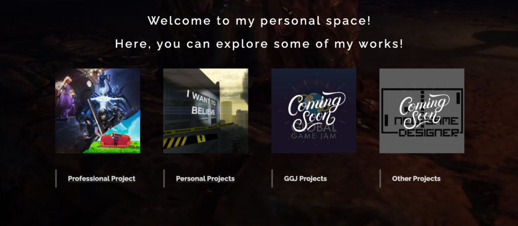 An example of a game designer website showing a gallery menu.