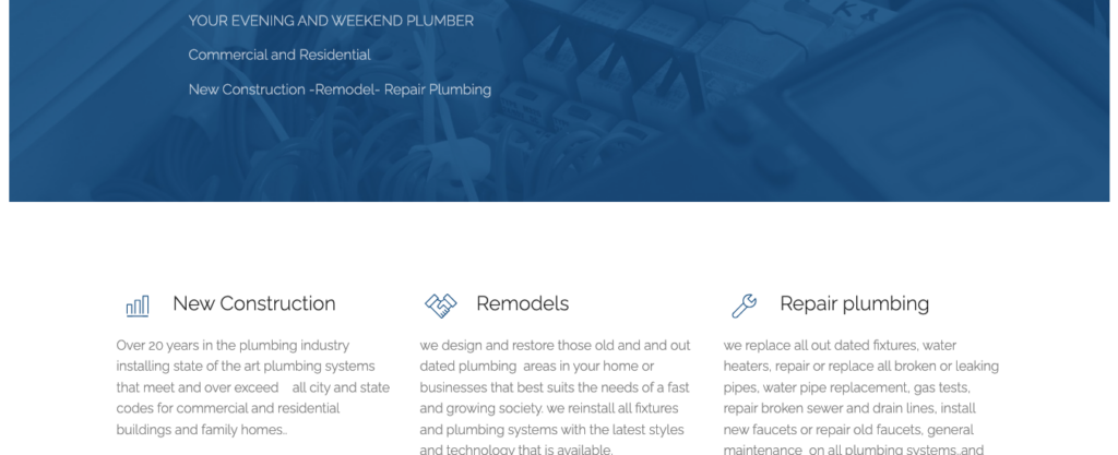 A screenshot showing R&A Plumbing Services website created with Webnode
