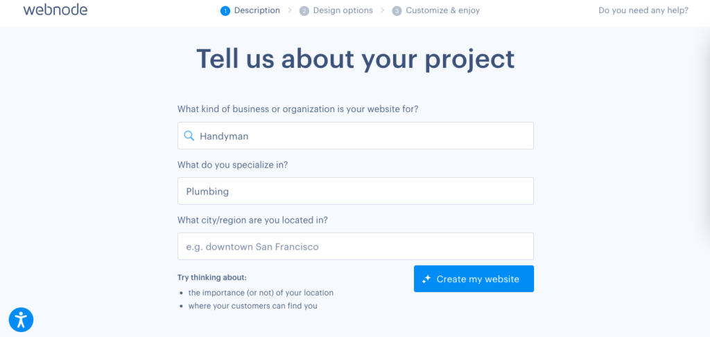 This screenshot shows the three prompts Webnode's AI uses to create a website.