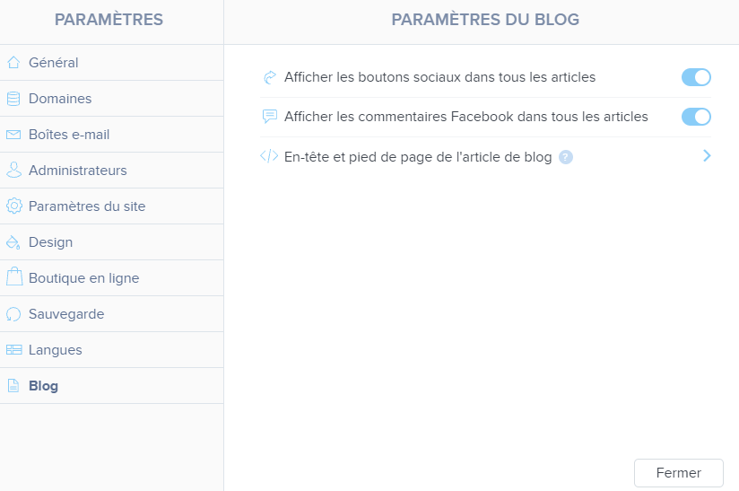 Paramètres du blog 