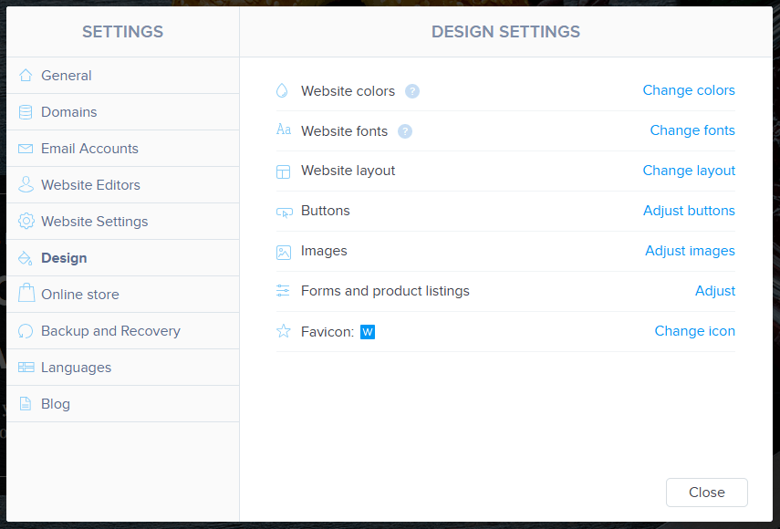 Webnode template customization options in design settings