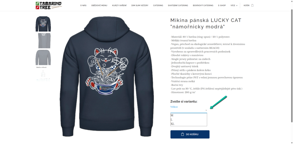 Varianty produktů: velikost mikiny 